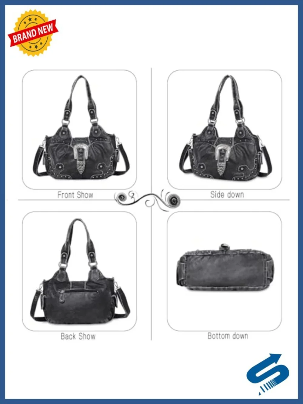 Vegan Leather Hobo Bag with Metal Studs Large Capacity Crossbody Shoulder Purse
